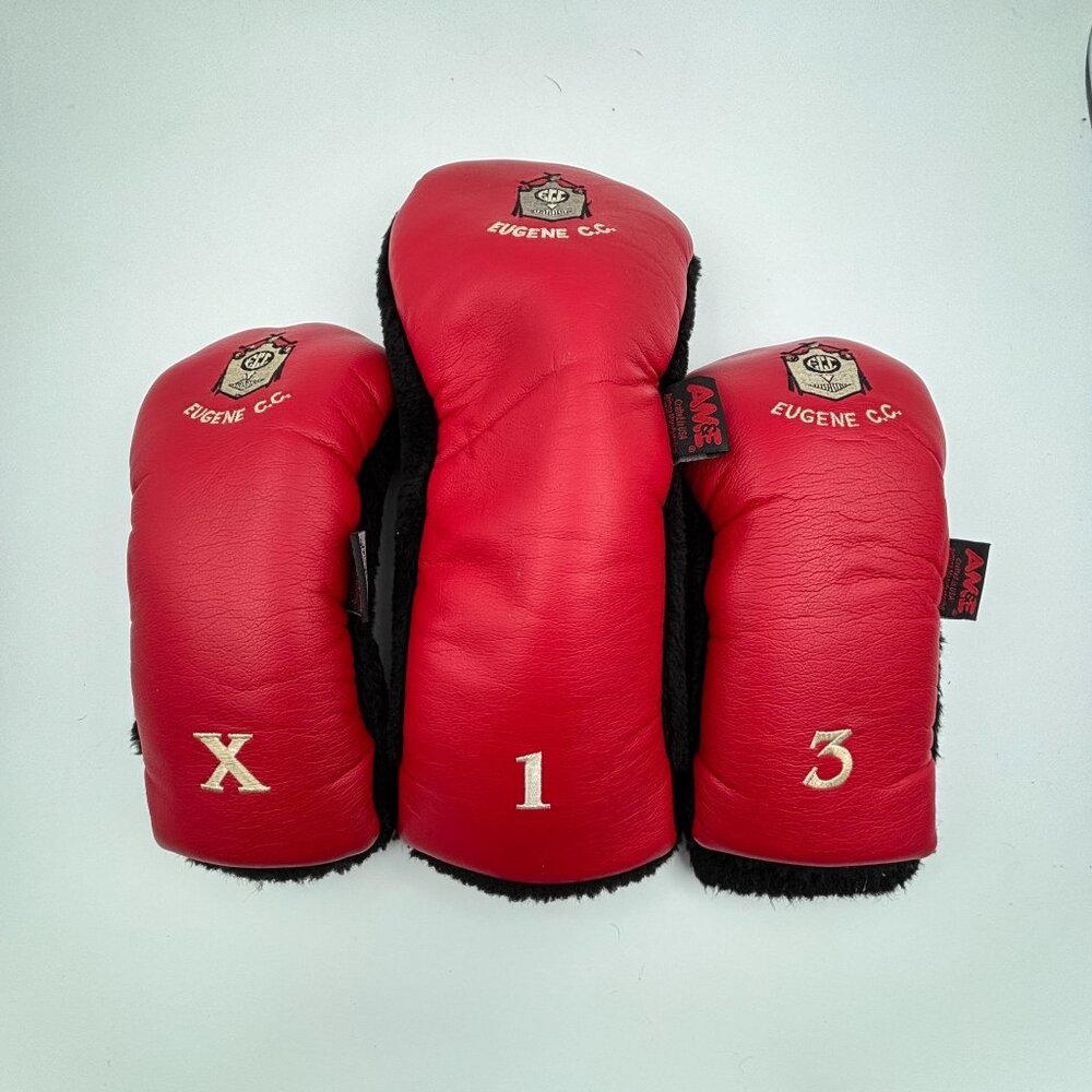 AM&E Eugene Country Club Red Leather Golf Headcovers Set 1‑3‑X USA